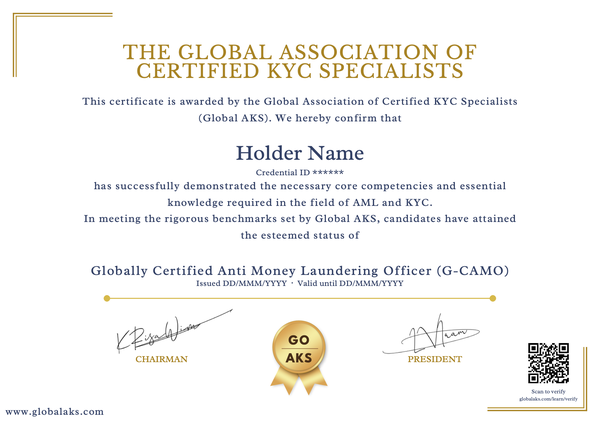 Sample certificate — Globally Certified Anti Money Laundering Officer