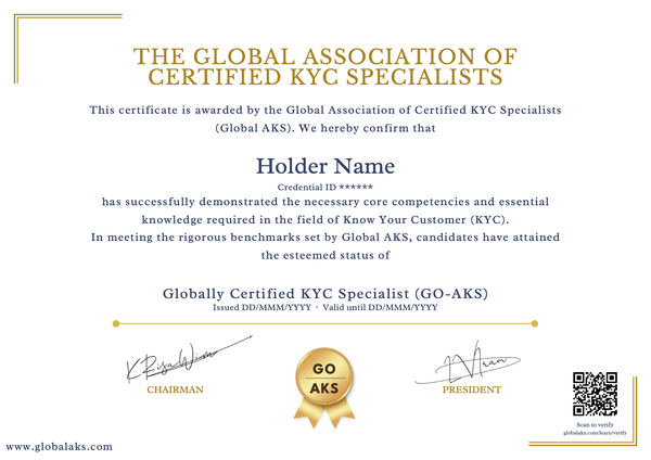 Sample certificate — Globally Certified KYC Specialist